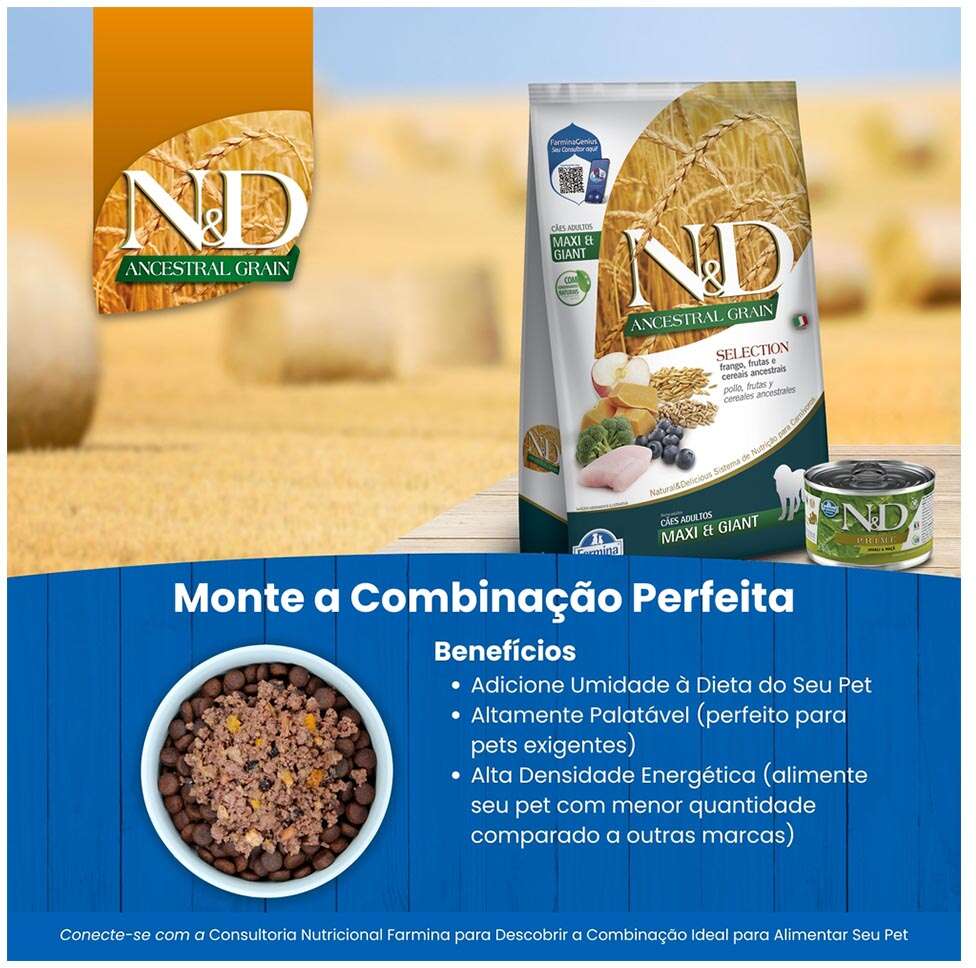 Ração Farmina N&D Ancestral Grain Selection Frango, Frutas e Cereais para Cães Adultos Raças Grandes - 15Kg