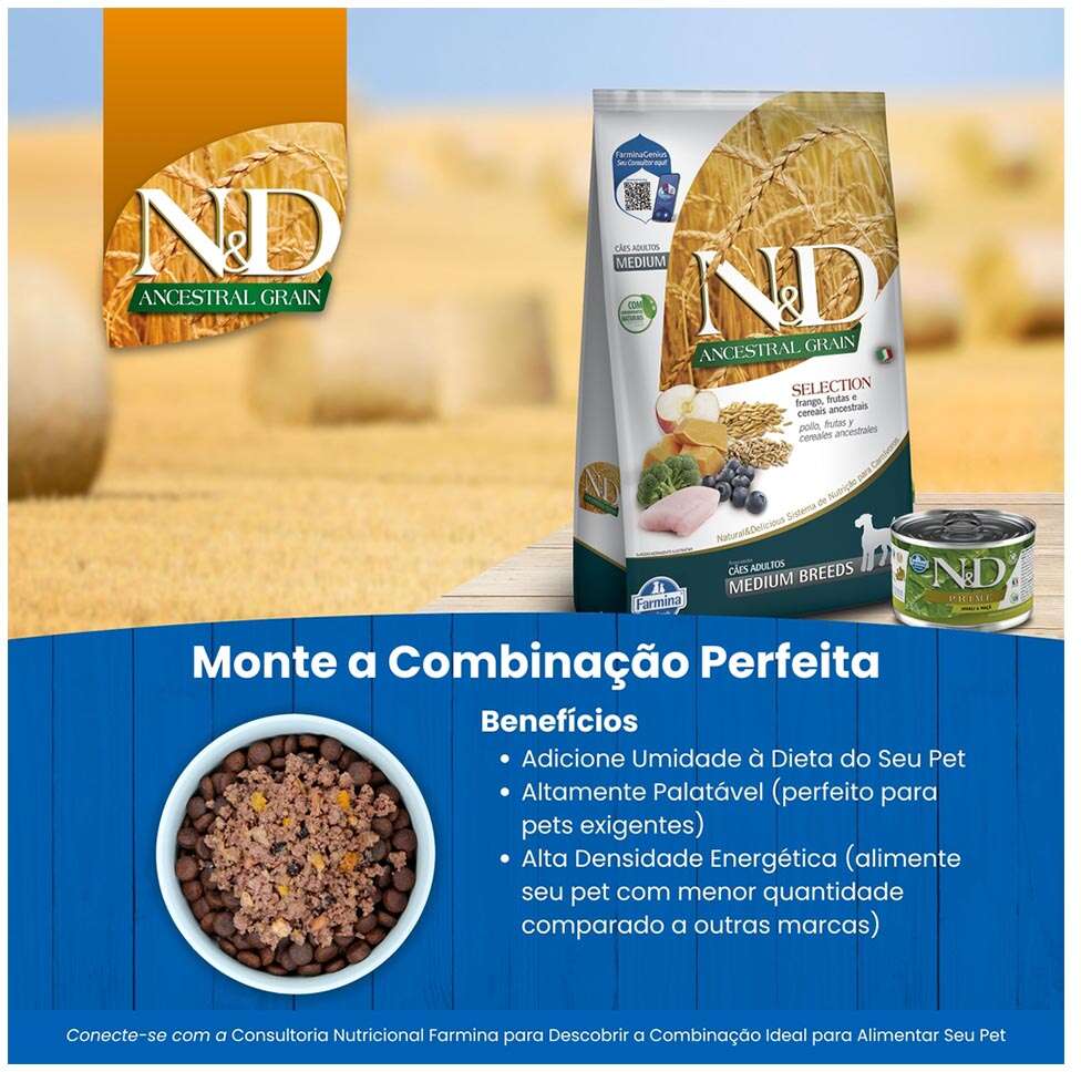 Ração Farmina N&D Ancestral Grain Selection Frango, Frutas e Cereais para Cães Adultos Raças Médias - 15Kg
