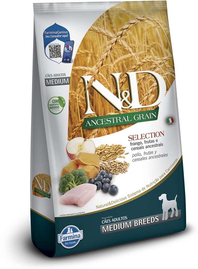 Ração Farmina N&D Ancestral Grain Selection Frango, Frutas e Cereais para Cães Adultos Raças Médias - 15Kg