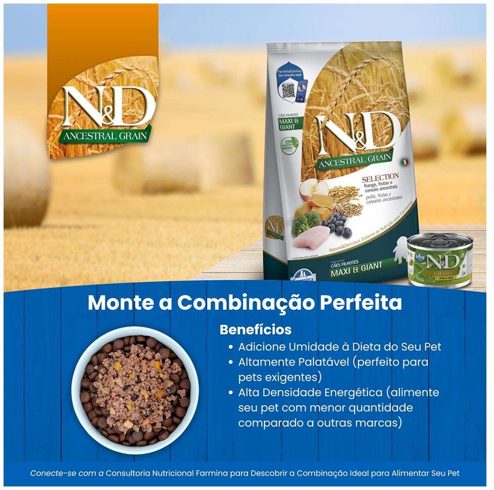 Ração Farmina N&D Ancestral Grain Selection Frango, Frutas e Cereais para Cães Filhotes Raças Grandes - 15Kg
