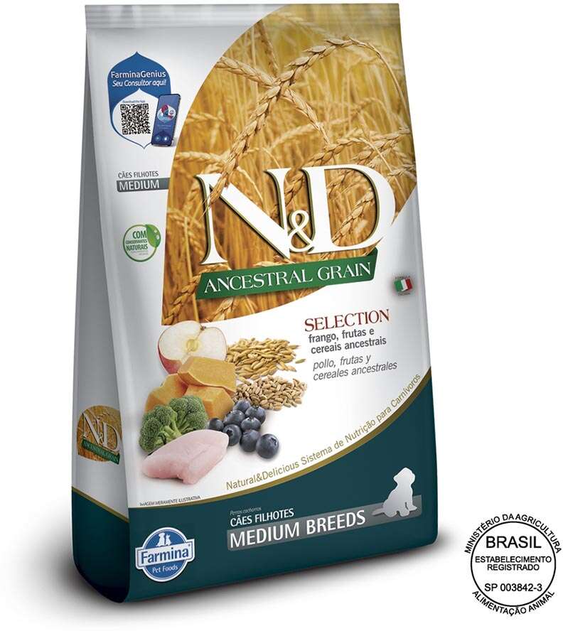 Ração Farmina N&D Ancestral Grain Selection Frango, Frutas e Cereais para Cães Filhotes Raças Médias - 15Kg