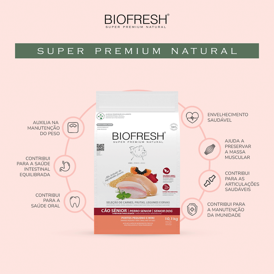 Ração Seca Biofresh Mix de Carne, Frutas, Legumes e Ervas Frescas Cães Sênior de Raças Pequenas e Minis - 10,1Kg
