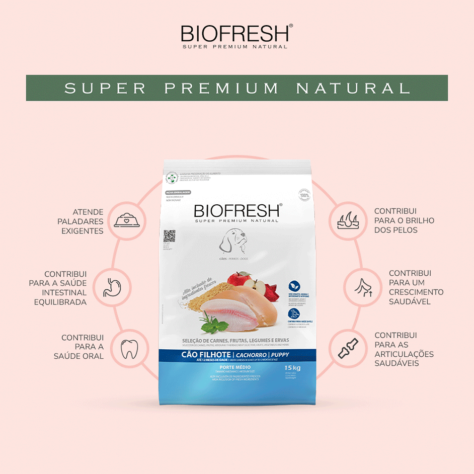 Ração Seca Biofresh Mix de Carne, Frutas, Legumes e Ervas Frescas Cães Filhotes de Raças Médias - 10,1Kg