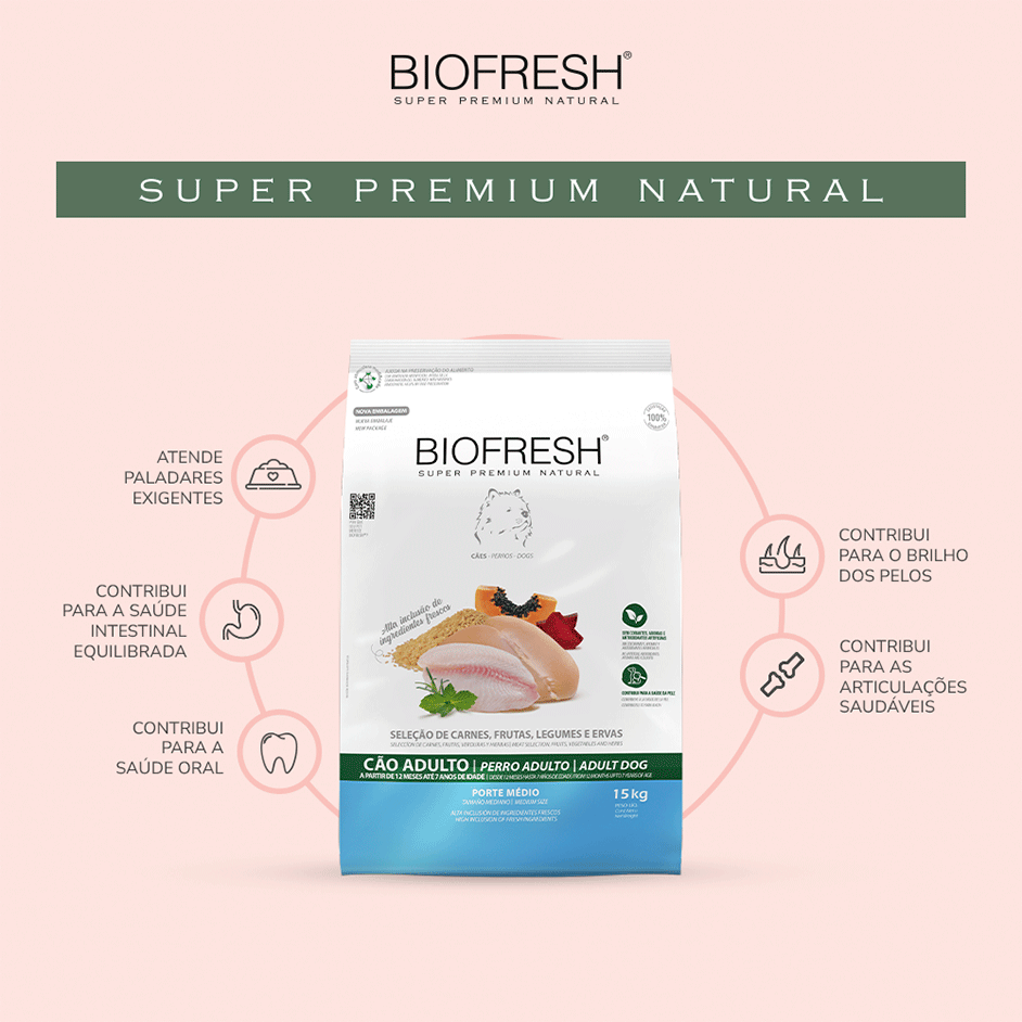 Ração Seca Biofresh Mix de Carne, Frutas, Legumes e Ervas Frescas Cães Adultos de Raças Médias - 15Kg