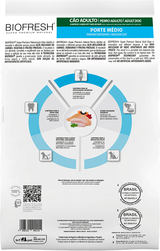 Ração Seca Biofresh Mix de Carne, Frutas, Legumes e Ervas Frescas Cães Adultos de Raças Médias - 15Kg