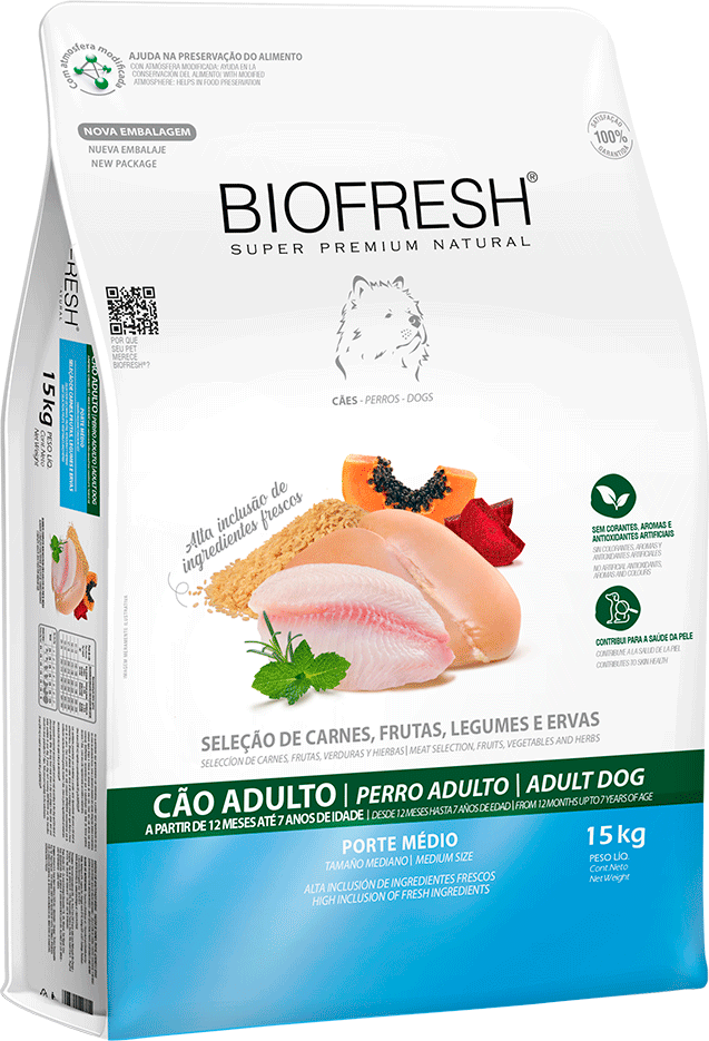 Ração Seca Biofresh Mix de Carne, Frutas, Legumes e Ervas Frescas Cães Adultos de Raças Médias - 15Kg