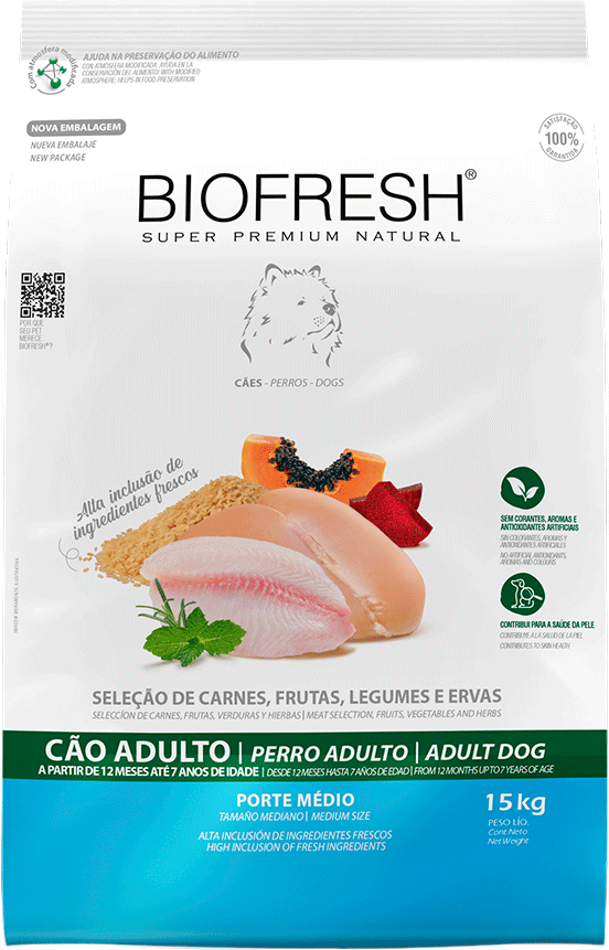 Ração Seca Biofresh Mix de Carne, Frutas, Legumes e Ervas Frescas Cães Adultos de Raças Médias - 15Kg