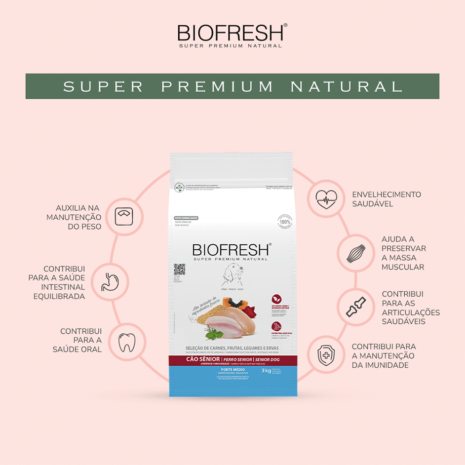 Ração Seca Biofresh Mix de Carne, Frutas, Legumes e Ervas Frescas Cães Sênior de Raças Médias - 10,1Kg