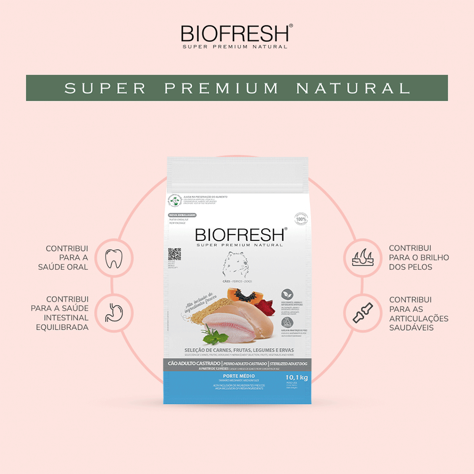 Ração Seca Biofresh Mix de Carne, Frutas, Legumes e Ervas Frescas Cães Castrados de Raças Médias - 10,1Kg