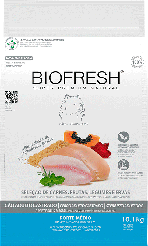 Ração Seca Biofresh Mix de Carne, Frutas, Legumes e Ervas Frescas Cães Castrados de Raças Médias - 10,1Kg