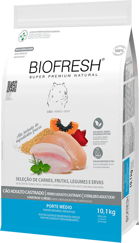 Ração Seca Biofresh Mix de Carne, Frutas, Legumes e Ervas Frescas Cães Castrados de Raças Médias - 10,1Kg