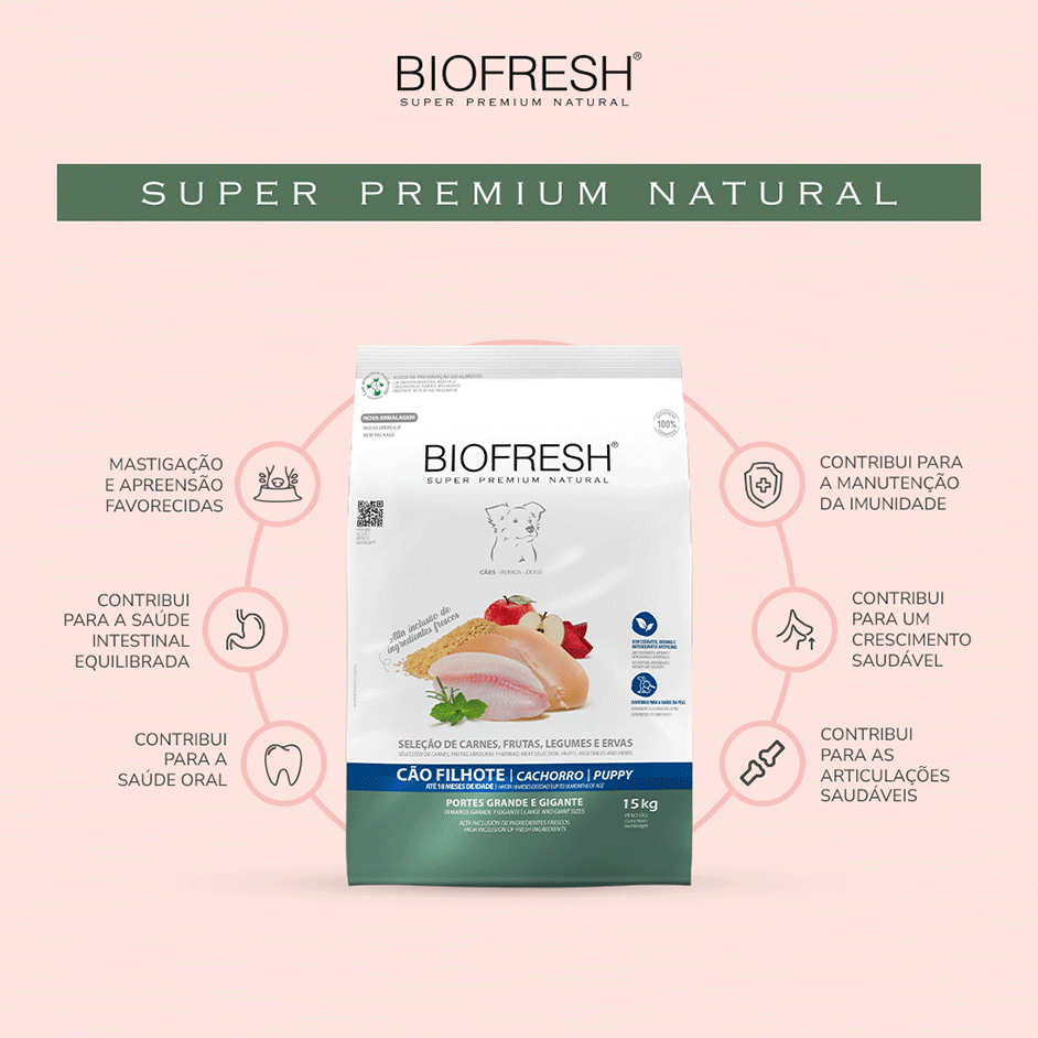 Ração Seca Biofresh Mix de Carne, Frutas, Legumes e Ervas Frescas Cães Filhotes de Raças Grandes e Gigantes - 15Kg