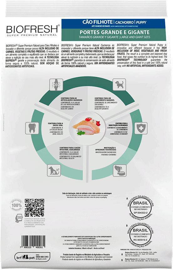 Ração Seca Biofresh Mix de Carne, Frutas, Legumes e Ervas Frescas Cães Filhotes de Raças Grandes e Gigantes - 15Kg
