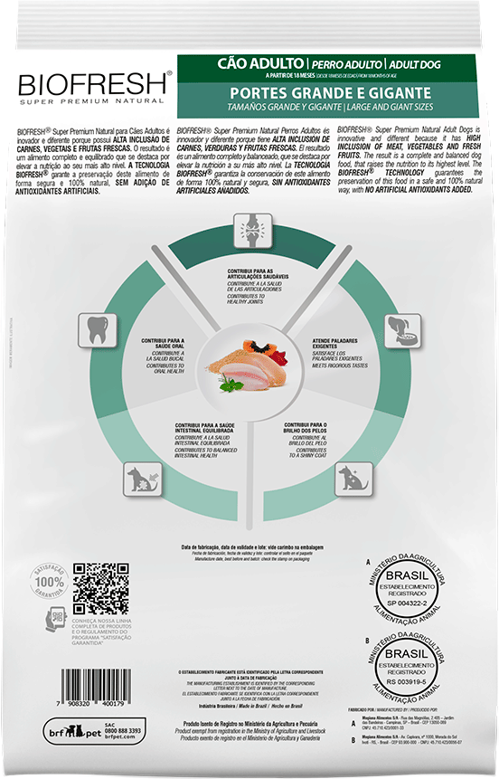 Ração Seca Biofresh Mix de Carne, Frutas, Legumes e Ervas Frescas Cães Adultos de Raças Grandes e Gigantes - 15Kg