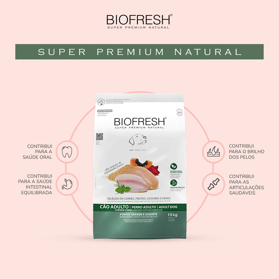 Ração Seca Biofresh Mix de Carne, Frutas, Legumes e Ervas Frescas Cães Adultos de Raças Grandes e Gigantes - 15Kg