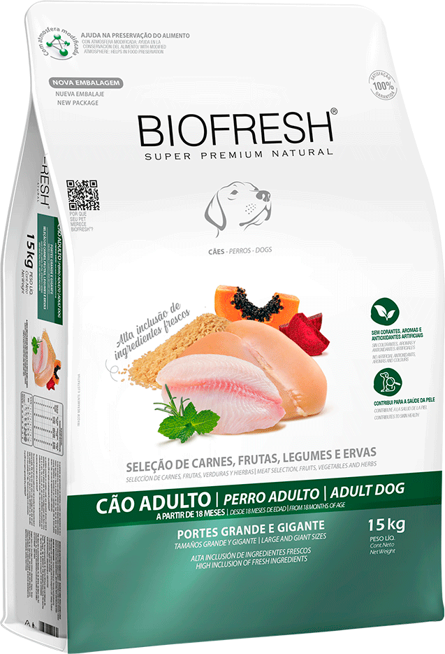 Ração Seca Biofresh Mix de Carne, Frutas, Legumes e Ervas Frescas Cães Adultos de Raças Grandes e Gigantes - 15Kg