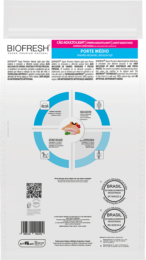 Ração Seca Biofresh Mix de Carne, Frutas, Legumes e Ervas Frescas Light Cães de Raças Médias - 10,1Kg