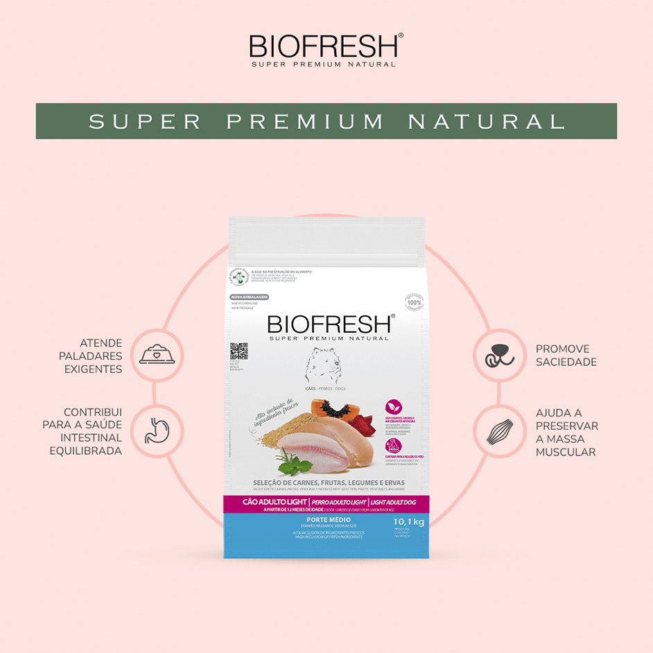 Ração Seca Biofresh Mix de Carne, Frutas, Legumes e Ervas Frescas Light Cães de Raças Médias - 10,1Kg
