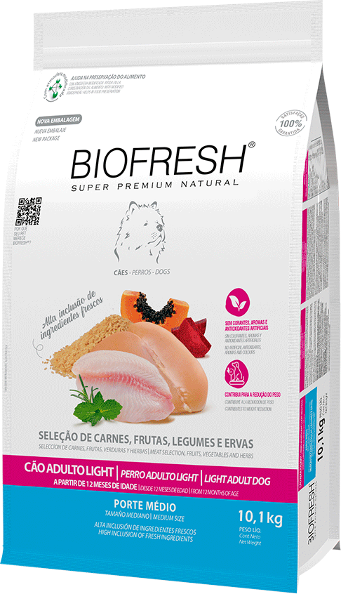 Ração Seca Biofresh Mix de Carne, Frutas, Legumes e Ervas Frescas Light Cães de Raças Médias - 10,1Kg