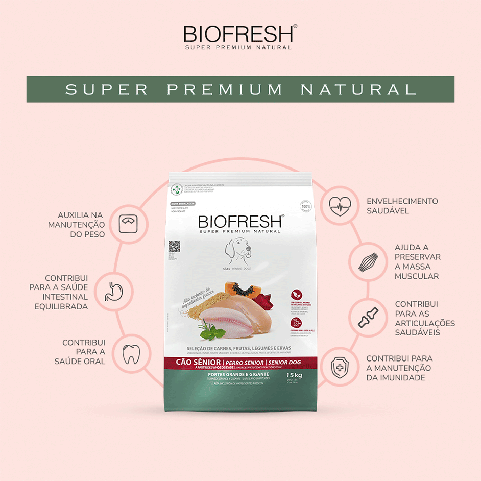 Ração Seca Biofresh Mix de Carne, Frutas, Legumes e Ervas Frescas Cães Sênior de Raças Grandes e Gigantes - 15Kg