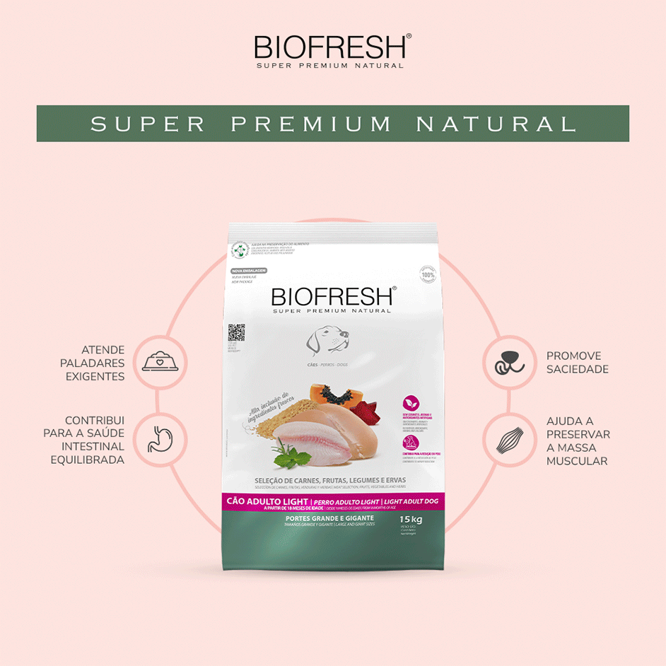 Ração Seca Biofresh Mix de Carne, Frutas, Legumes e Ervas Frescas Light Cães de Raças Grandes e Gigantes - 15Kg