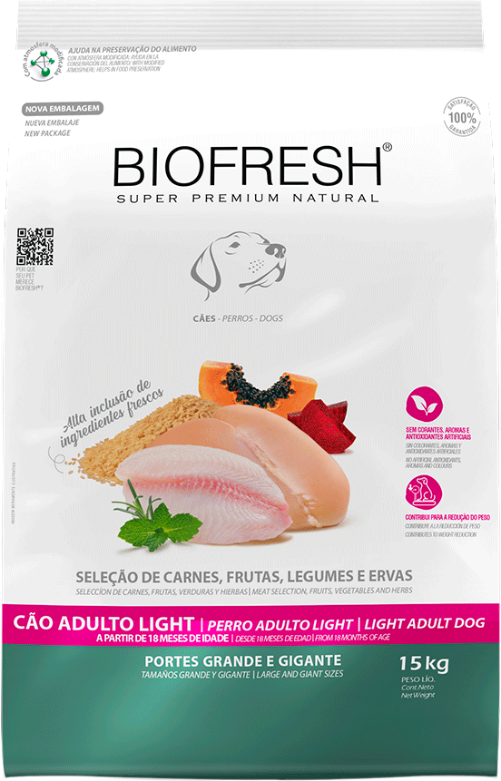 Ração Seca Biofresh Mix de Carne, Frutas, Legumes e Ervas Frescas Light Cães de Raças Grandes e Gigantes - 15Kg