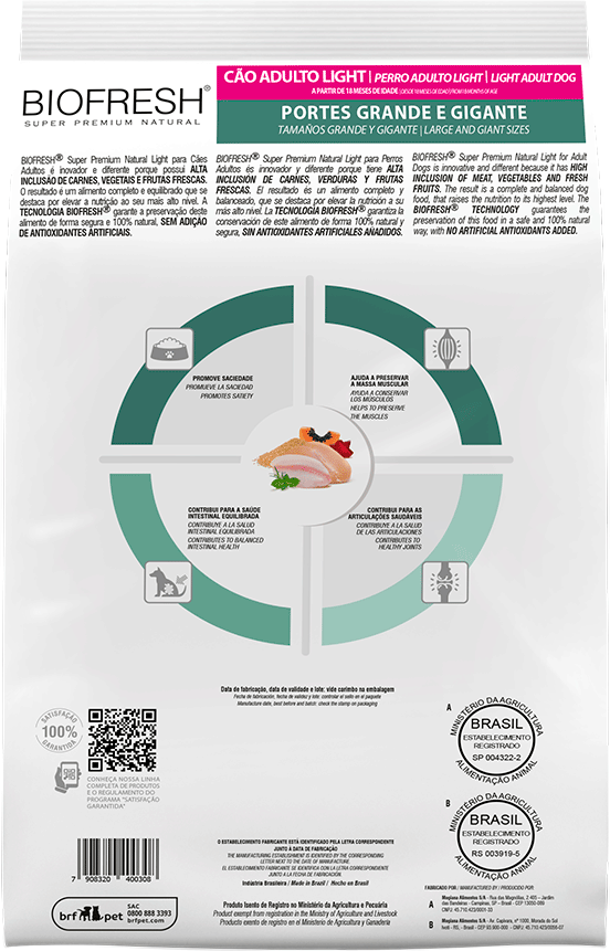 Ração Seca Biofresh Mix de Carne, Frutas, Legumes e Ervas Frescas Light Cães de Raças Grandes e Gigantes - 15Kg