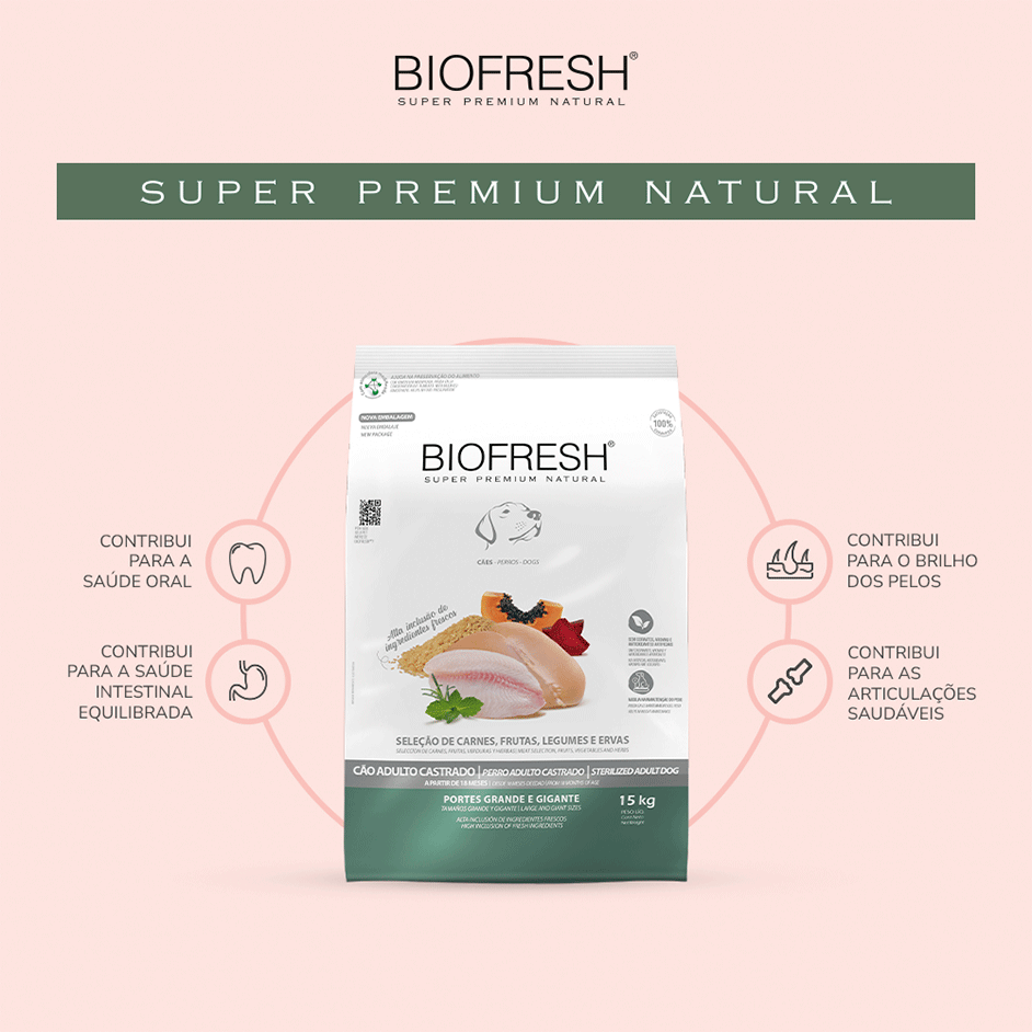 Ração Seca Biofresh Mix de Carne, Frutas, Legumes e Ervas Frescas Cães Castrados de Raças Grandes e Gigantes - 15Kg