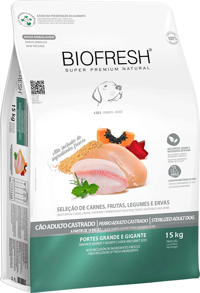 Ração Seca Biofresh Mix de Carne, Frutas, Legumes e Ervas Frescas Cães Castrados de Raças Grandes e Gigantes - 15Kg