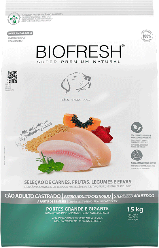Ração Seca Biofresh Mix de Carne, Frutas, Legumes e Ervas Frescas Cães Castrados de Raças Grandes e Gigantes - 15Kg