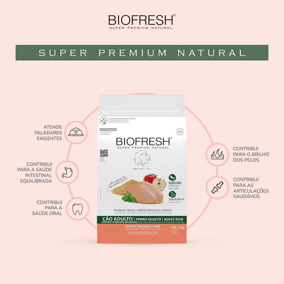 Ração Seca Biofresh Frango, Maçã, Arroz integral e Ervas Cães Adultos Raças Pequenas e Minis - 10,1Kg