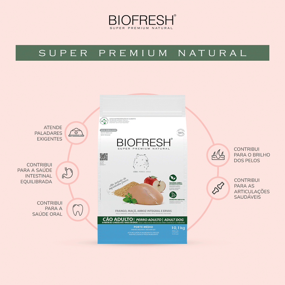 Ração Seca Biofresh Frango, Maçã, Arroz integral e Ervas Cães Adultos Raças Médias - 10,1Kg