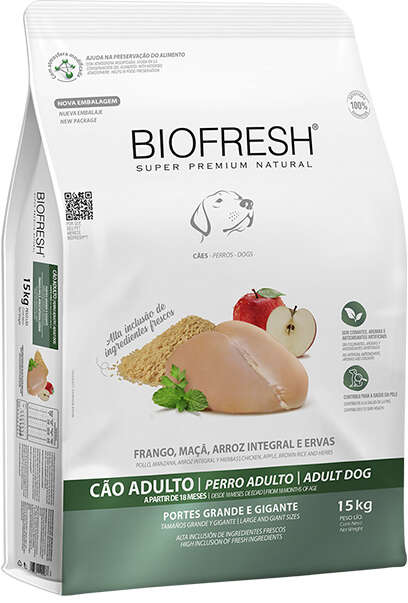Ração Seca Biofresh Frango, Maçã, Arroz integral e Ervas Cães Adultos Raças Grandes e Gigantes - 15Kg