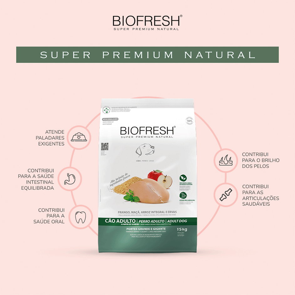Ração Seca Biofresh Frango, Maçã, Arroz integral e Ervas Cães Adultos Raças Grandes e Gigantes - 15Kg