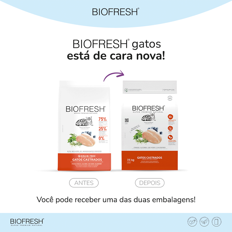 Ração Seca Biofresh Frango Fresco, Alecrim, Chá Verde e Blueberry para Gatos Castrados - 7,5Kg