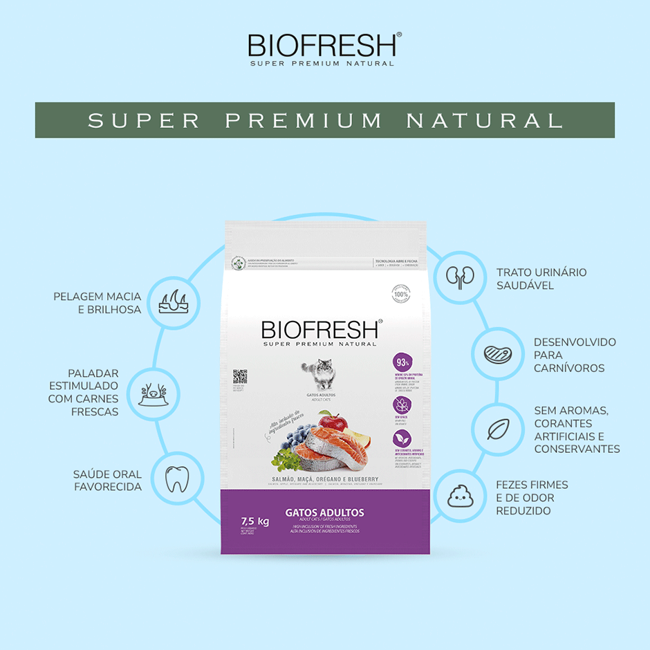 Ração Seca Biofresh Salmão, Maçãs, Orégano e Blueberry para Gatos Adultos - 7,5Kg