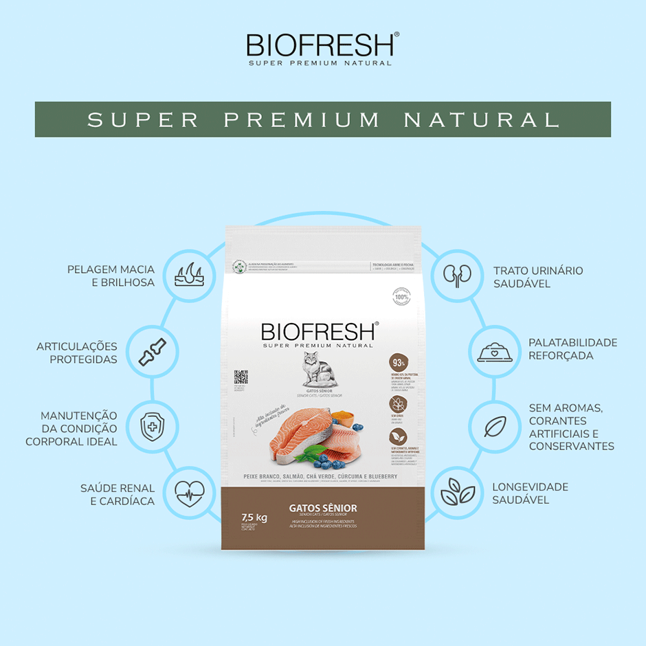 Ração Seca Biofresh Peixe Branco, Salmão, Chá Verde, Cúrcuma e Blueberry para Gatos Sênior - 7,5Kg