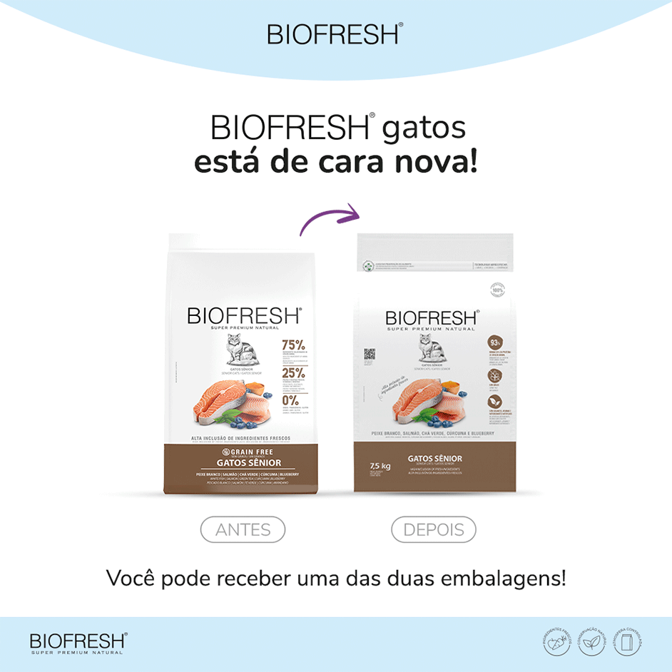 Ração Seca Biofresh Peixe Branco, Salmão, Chá Verde, Cúrcuma e Blueberry para Gatos Sênior - 7,5Kg