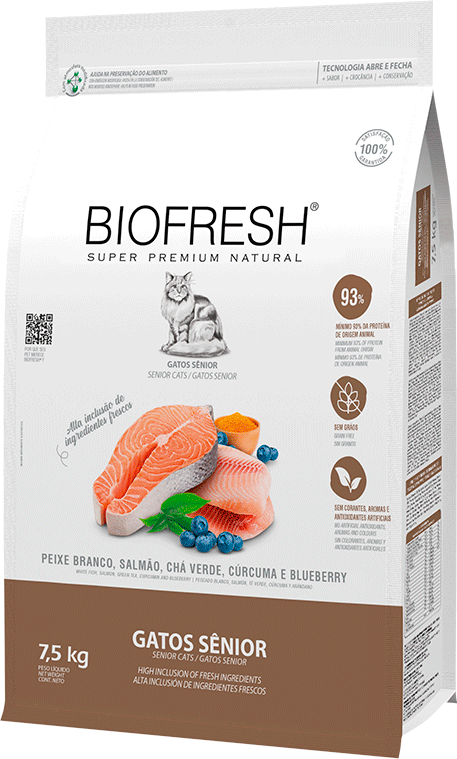 Ração Seca Biofresh Peixe Branco, Salmão, Chá Verde, Cúrcuma e Blueberry para Gatos Sênior - 7,5Kg