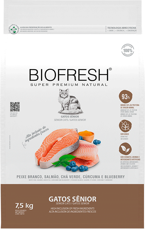 Ração Seca Biofresh Peixe Branco, Salmão, Chá Verde, Cúrcuma e Blueberry para Gatos Sênior - 7,5Kg