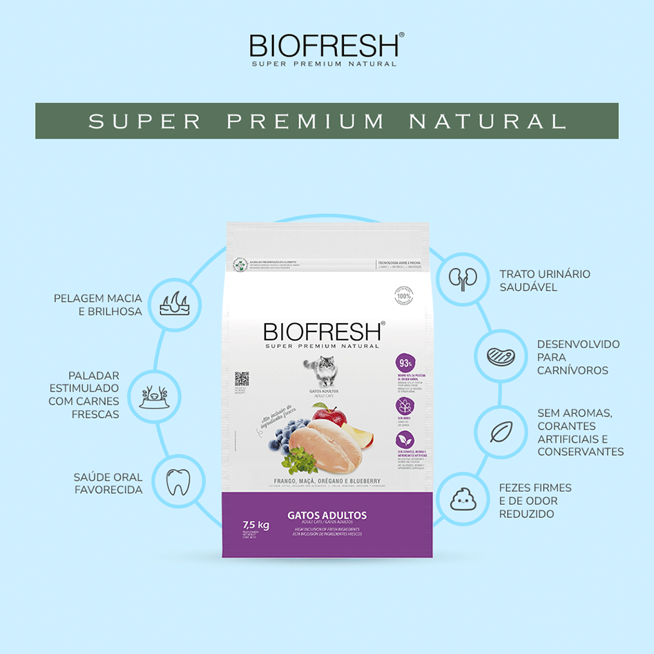 Ração Seca Biofresh Frango Fresco, Maçãs, Orégano e Blueberry para Gatos Adultos - 7,5Kg