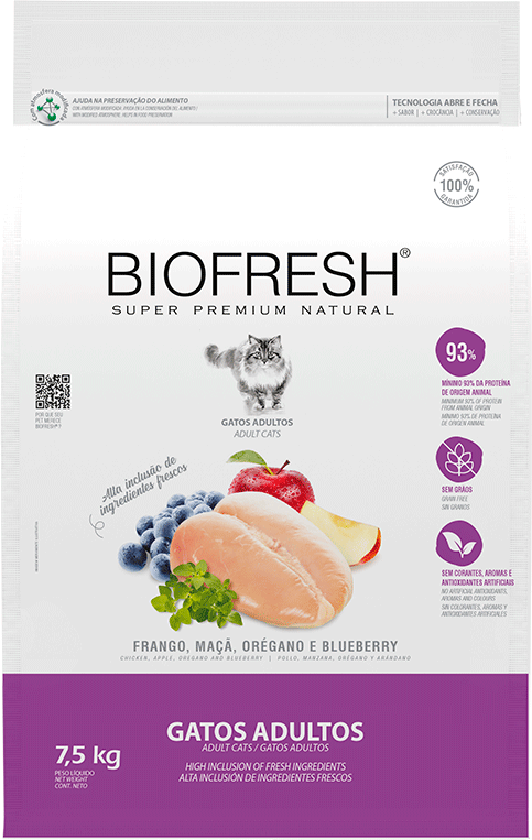 Ração Seca Biofresh Frango Fresco, Maçãs, Orégano e Blueberry para Gatos Adultos - 7,5Kg