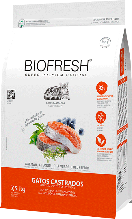 Ração Seca Biofresh Salmão, Alecrim, Chá Verde e Blueberry para Gatos Castrados - 7,5Kg