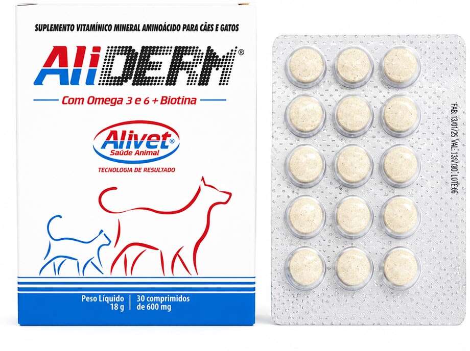 Suplemento Vitamínico Alivet Aliderm com Ômega 3 e Biotina para Cães e Gatos - 30 Cápsulas