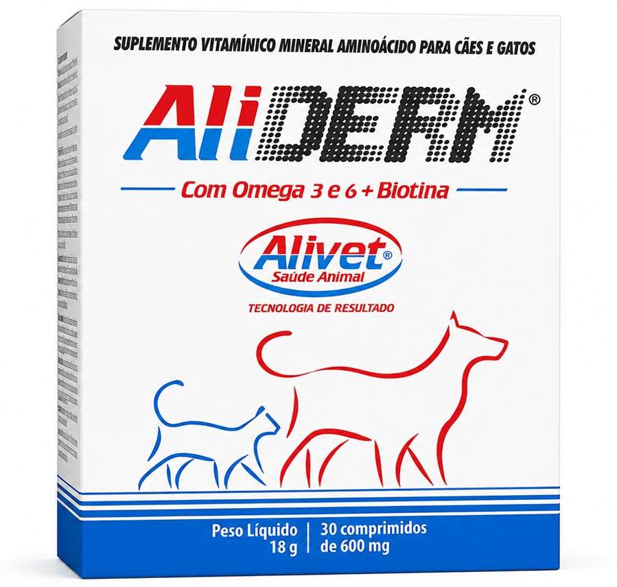 Suplemento Vitamínico Alivet Aliderm com Ômega 3 e Biotina para Cães e Gatos - 30 Cápsulas