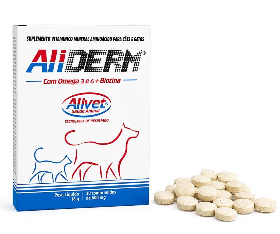 Suplemento Vitamínico Alivet Aliderm com Ômega 3 e Biotina para Cães e Gatos - 30 Cápsulas