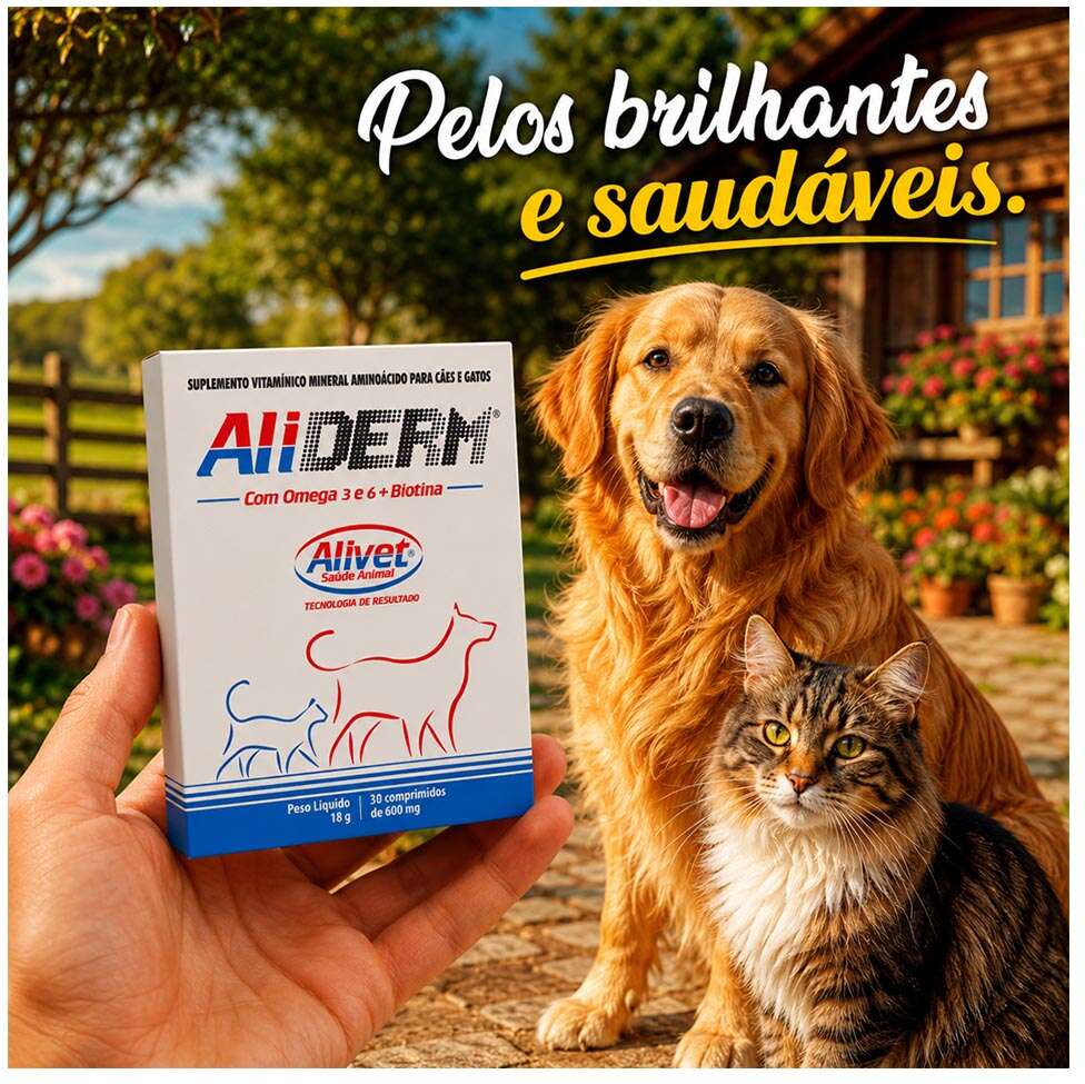 Suplemento Vitamínico Alivet Aliderm com Ômega 3 e Biotina para Cães e Gatos - 30 Cápsulas