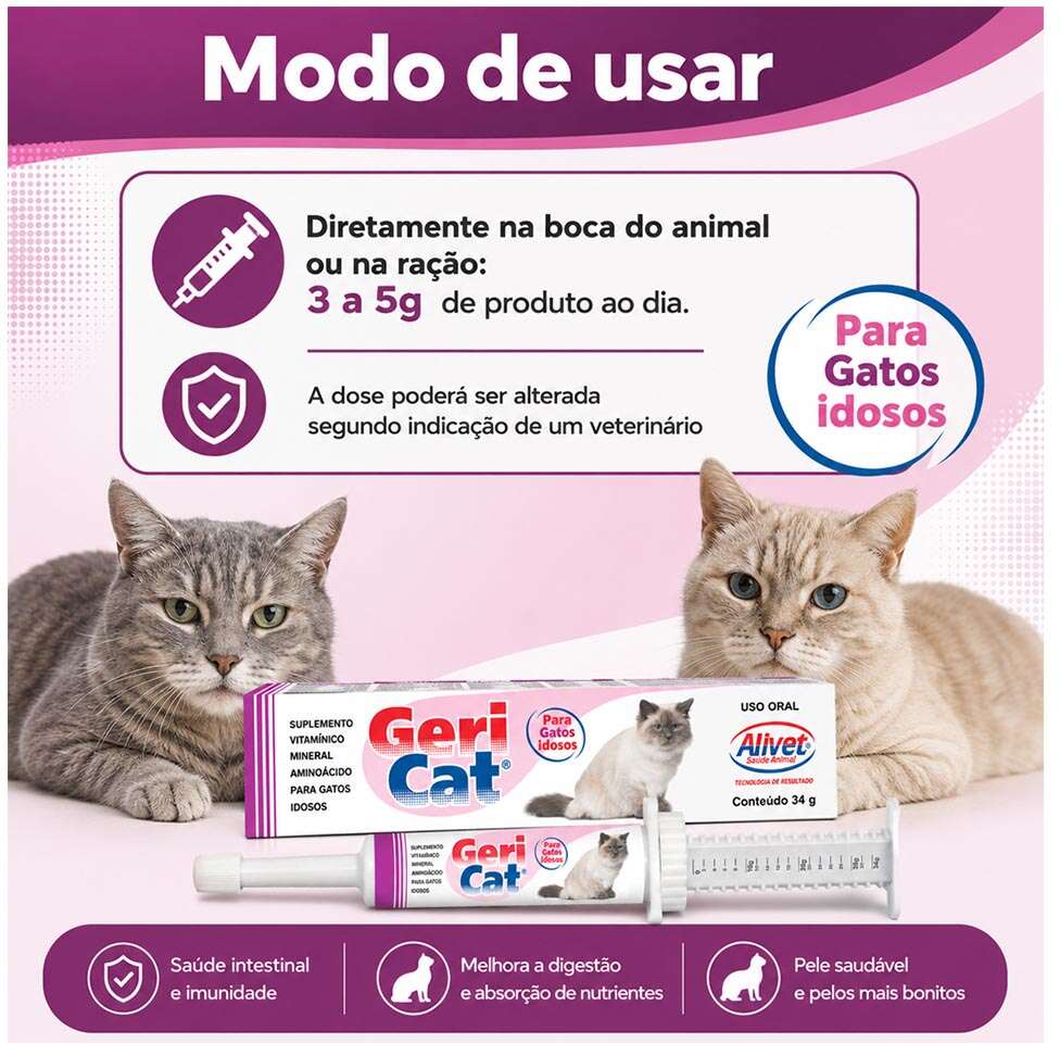 Suplemento Vitamínico Alivet Geri Cat Pasta para Gatos Idosos - 34 g