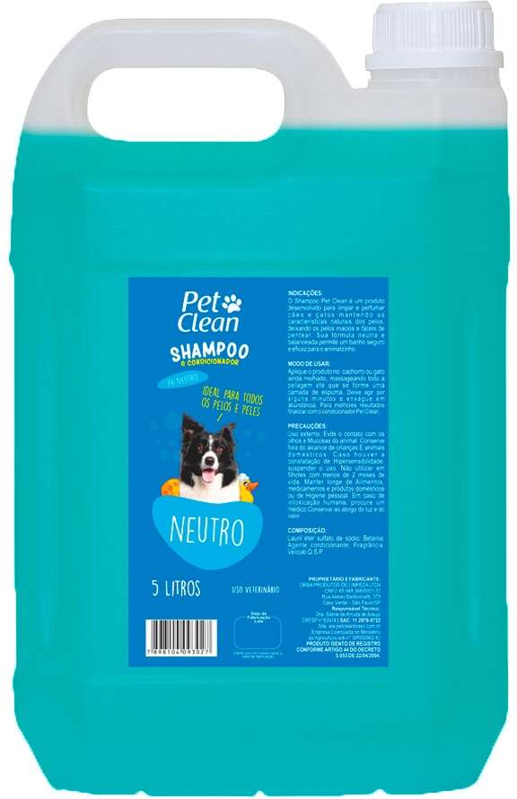 Shampoo e Condicionador Pet Clean Neutro para Cães e Gatos - 5 Litros
