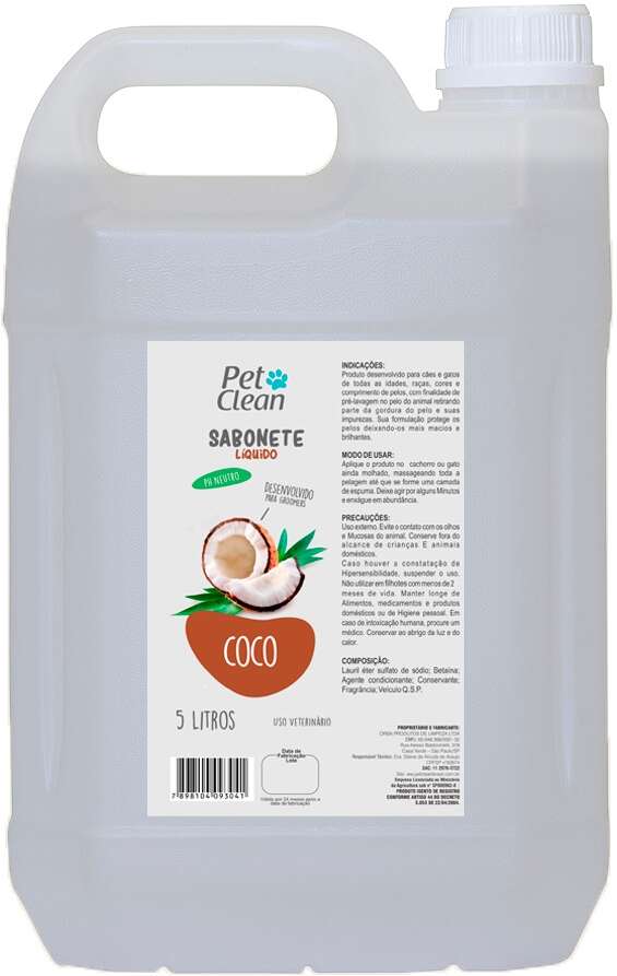 Sabonete Líquido Pet Clean Coco para Cães e Gatos - 5 Litros